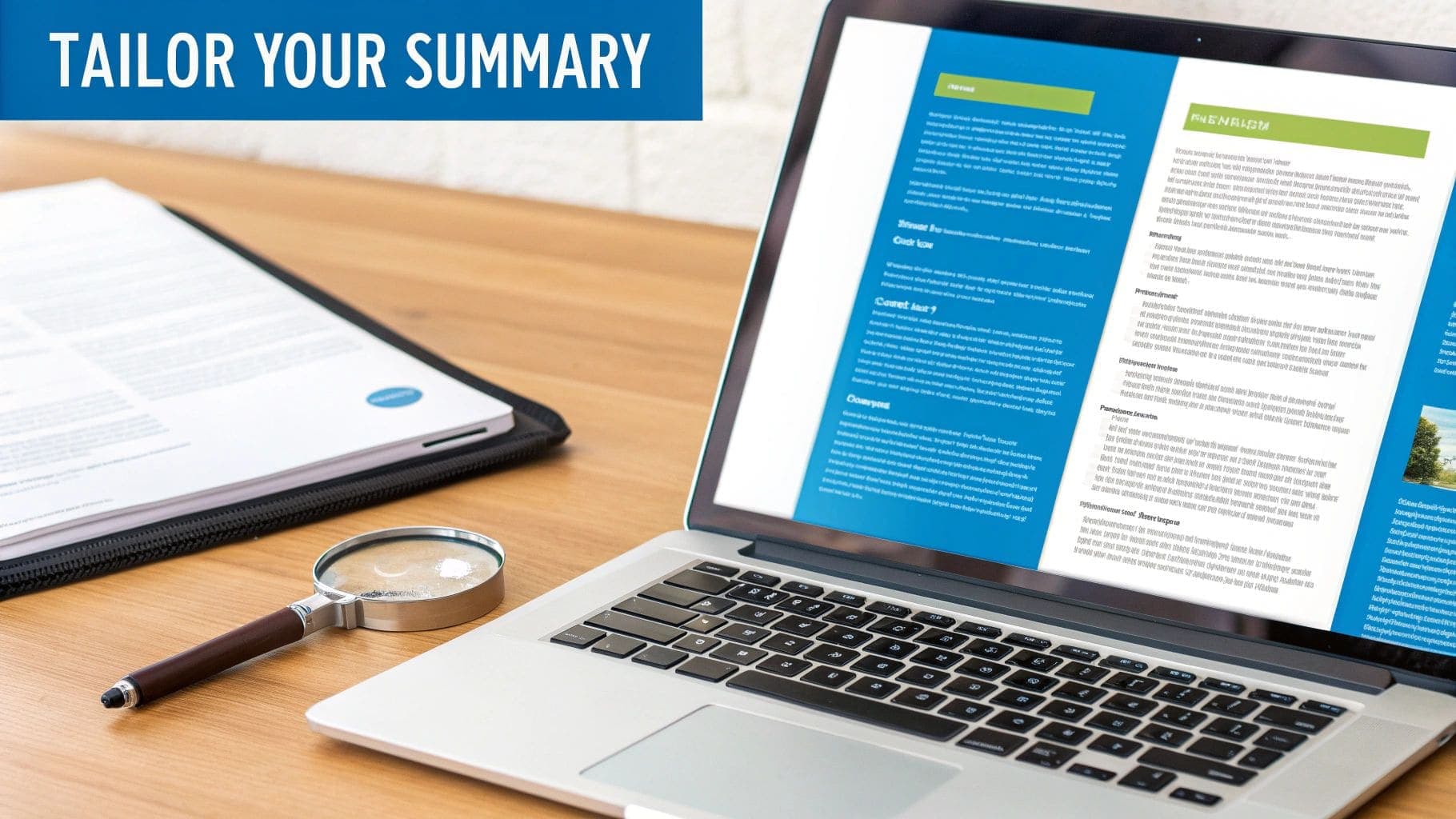 A laptop on a wooden desk displays a professional document, with a magnifying glass positioned on paper beside it, suggesting careful review and tailoring of a resume summary