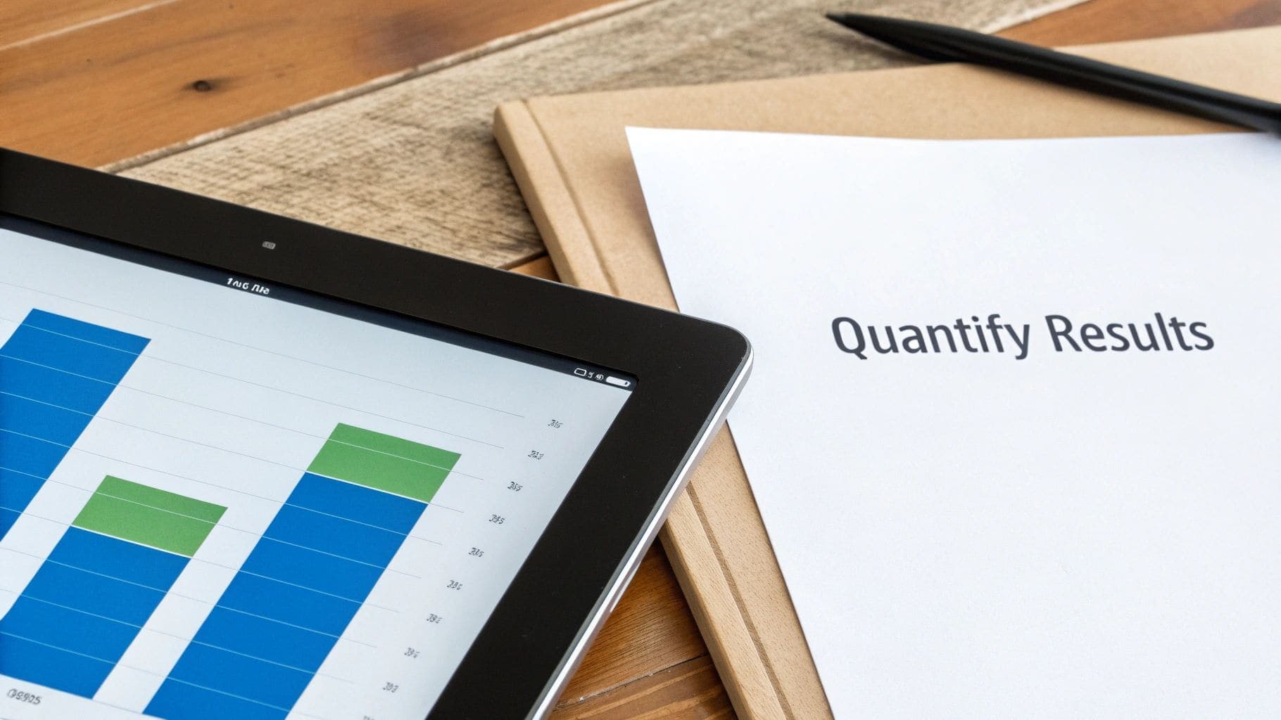 A tablet displaying a colorful bar chart positioned next to a document titled Quantify Results with a pen on a wooden desk