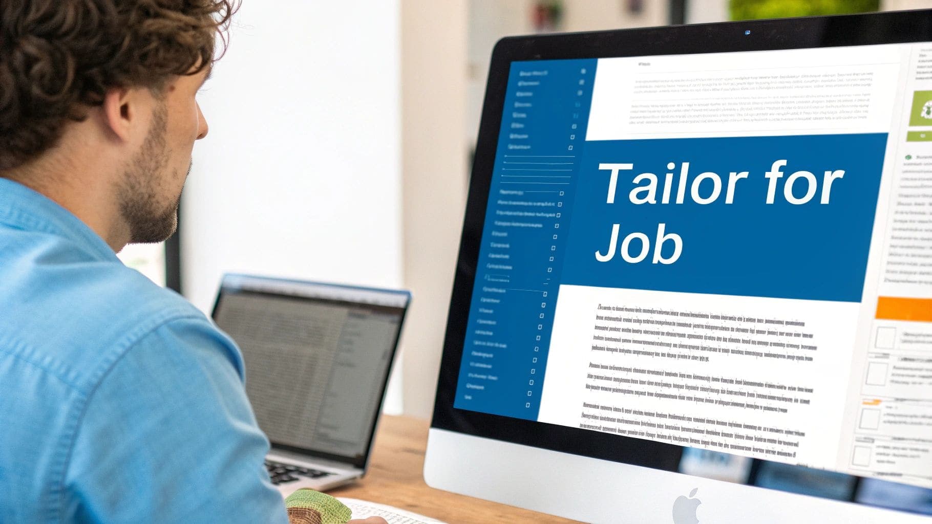 A man in a blue shirt intently looking at a computer screen displaying Tailor for Job text, focused on a job application process