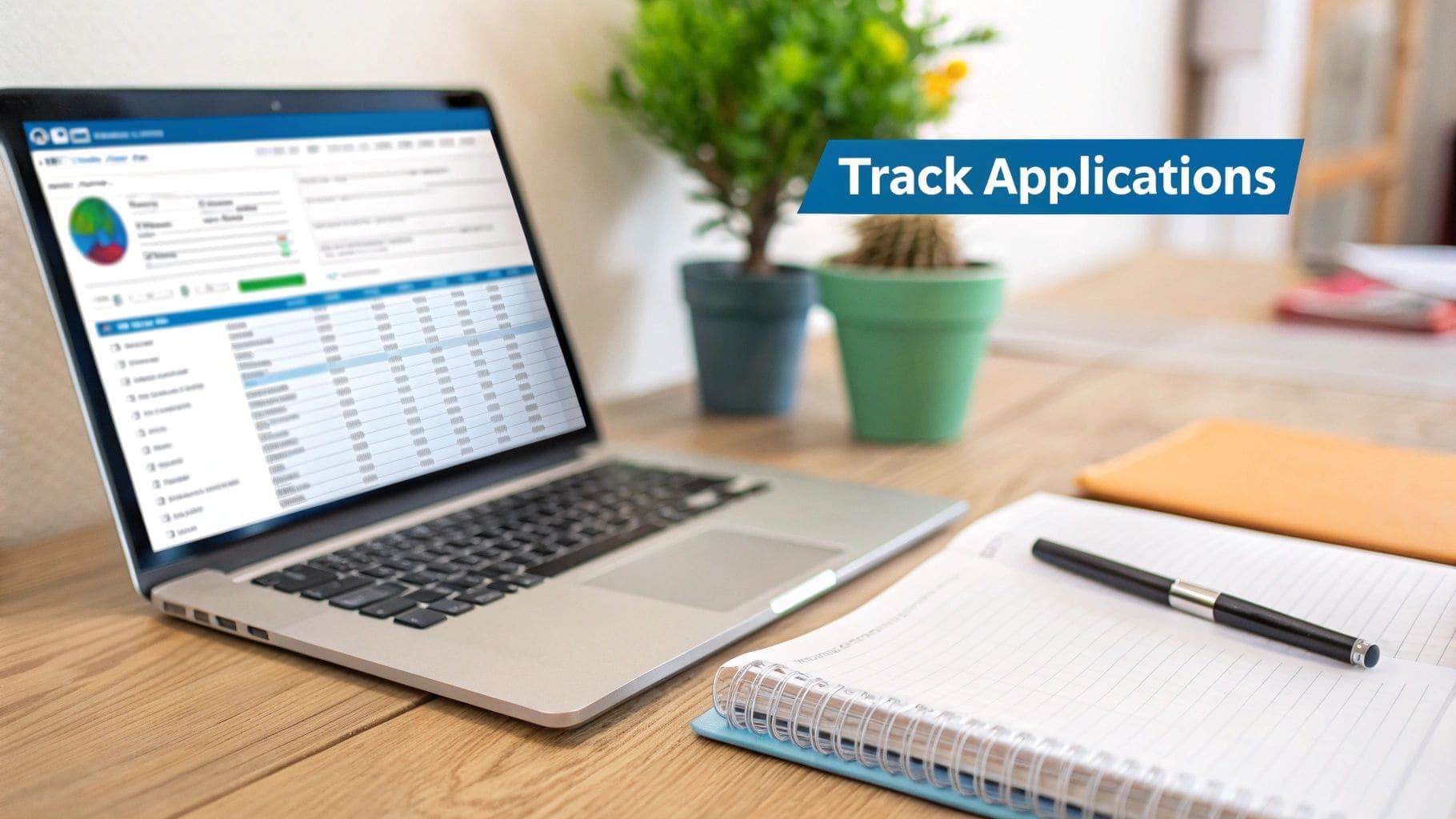 A modern laptop displaying job application tracking software on a wooden desk, accompanied by a notebook, pen, and decorative plants