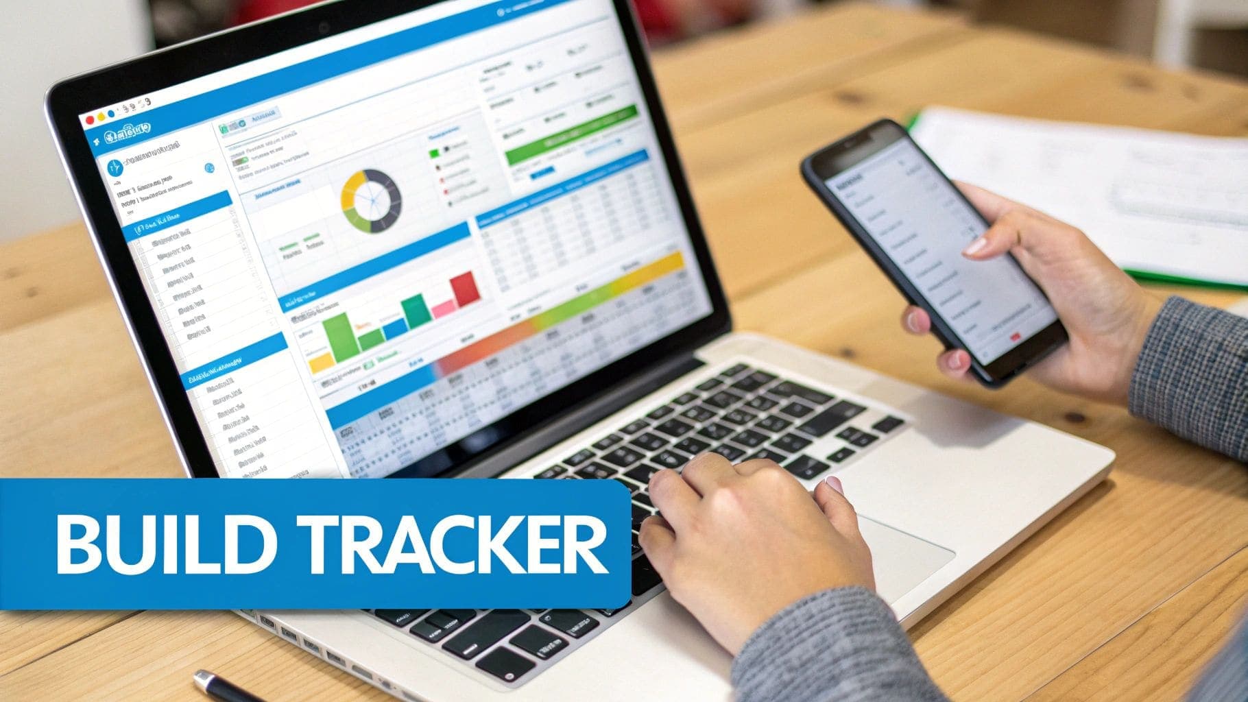 Professional using a laptop and smartphone to manage job application data on a comprehensive Build Tracker application interface