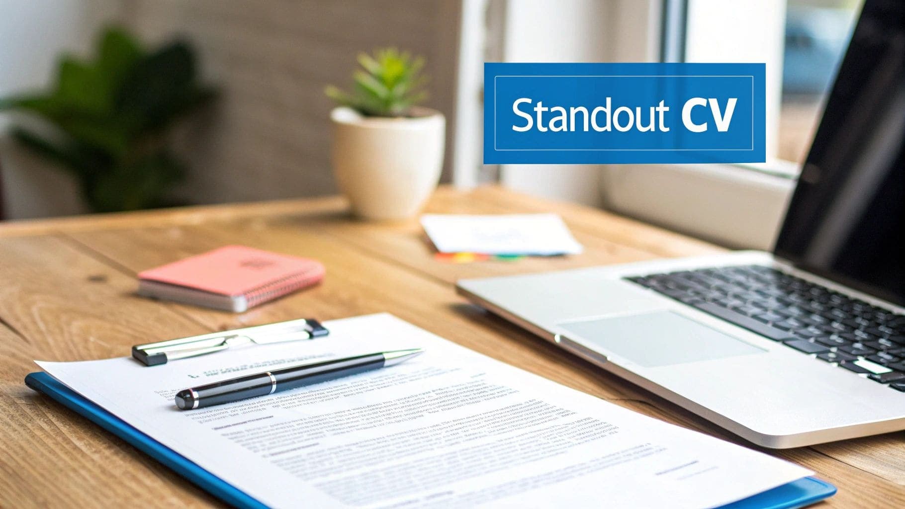 A professional desk setup featuring a laptop, document on clipboard, multiple pens, notebook, and potted plant, with a Standout CV text overlay