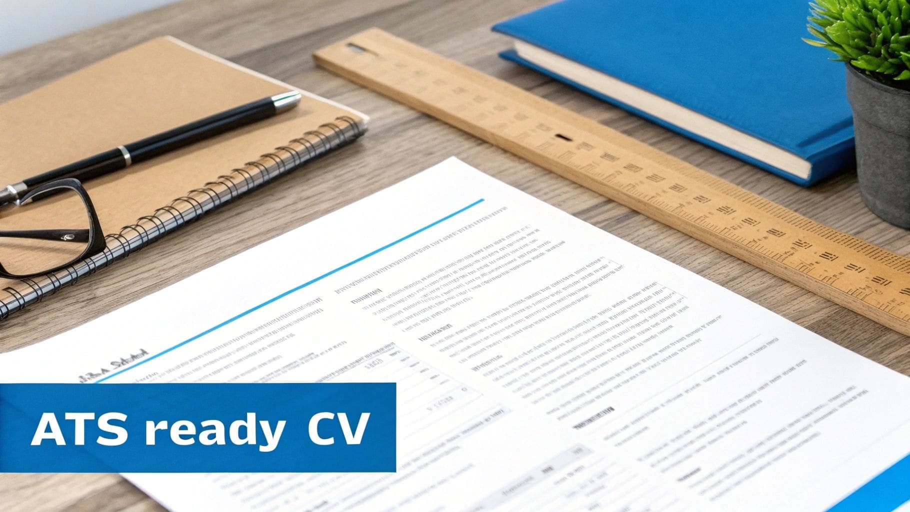 A professional workspace displaying an ATS-ready CV document, alongside a notebook, pen, reading glasses, and a potted plant for job applications