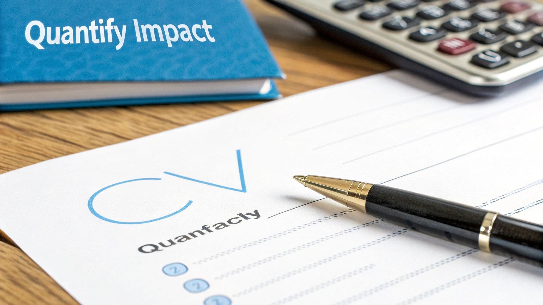 A pen resting on a CV document with Quantafacly text visible, alongside a Quantify Impact book and a calculator