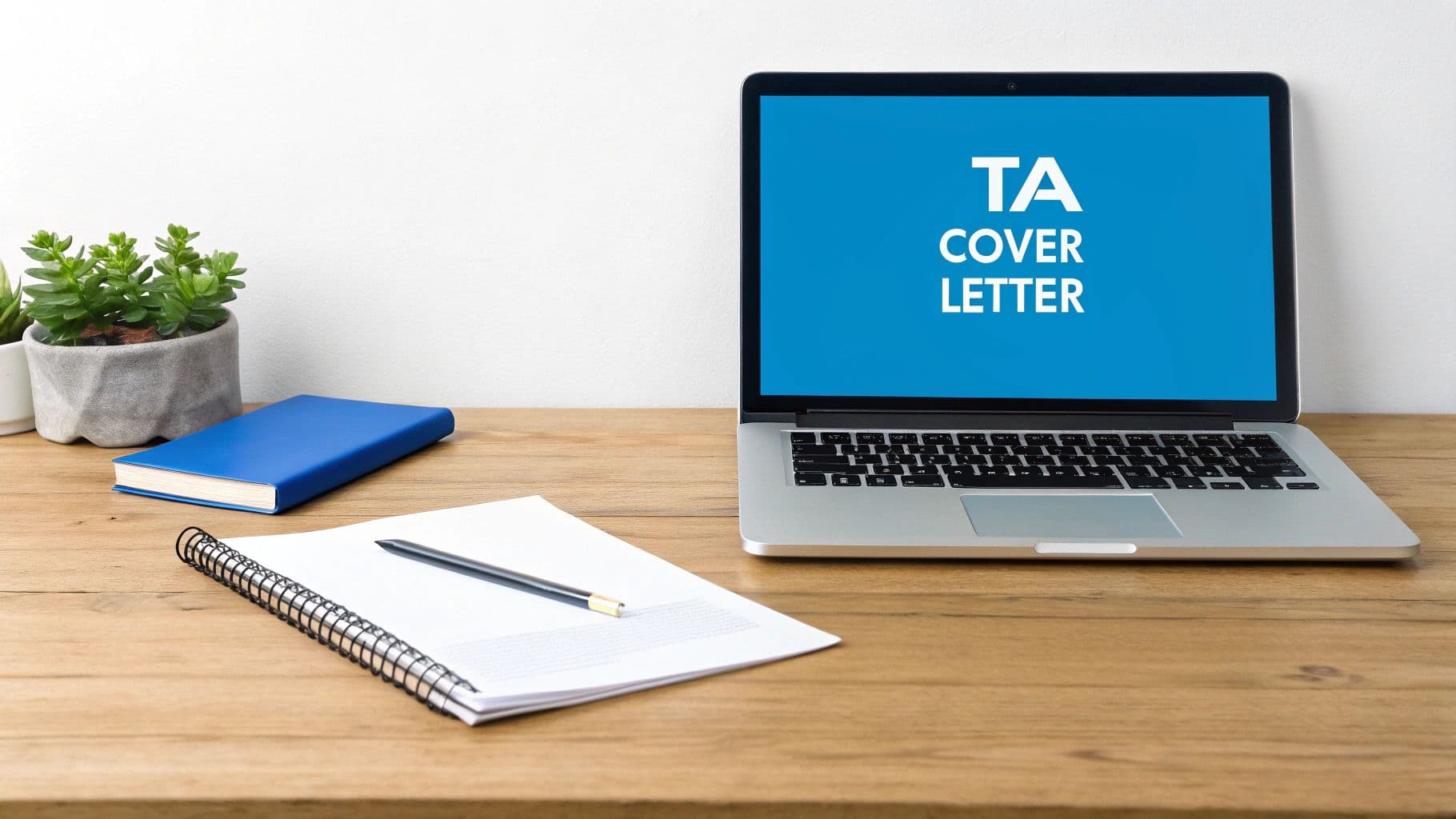 A neatly organized professional desk featuring a laptop computer displaying TA COVER LETTER text, alongside a potted plant, a blue book, and a notebook with a pen