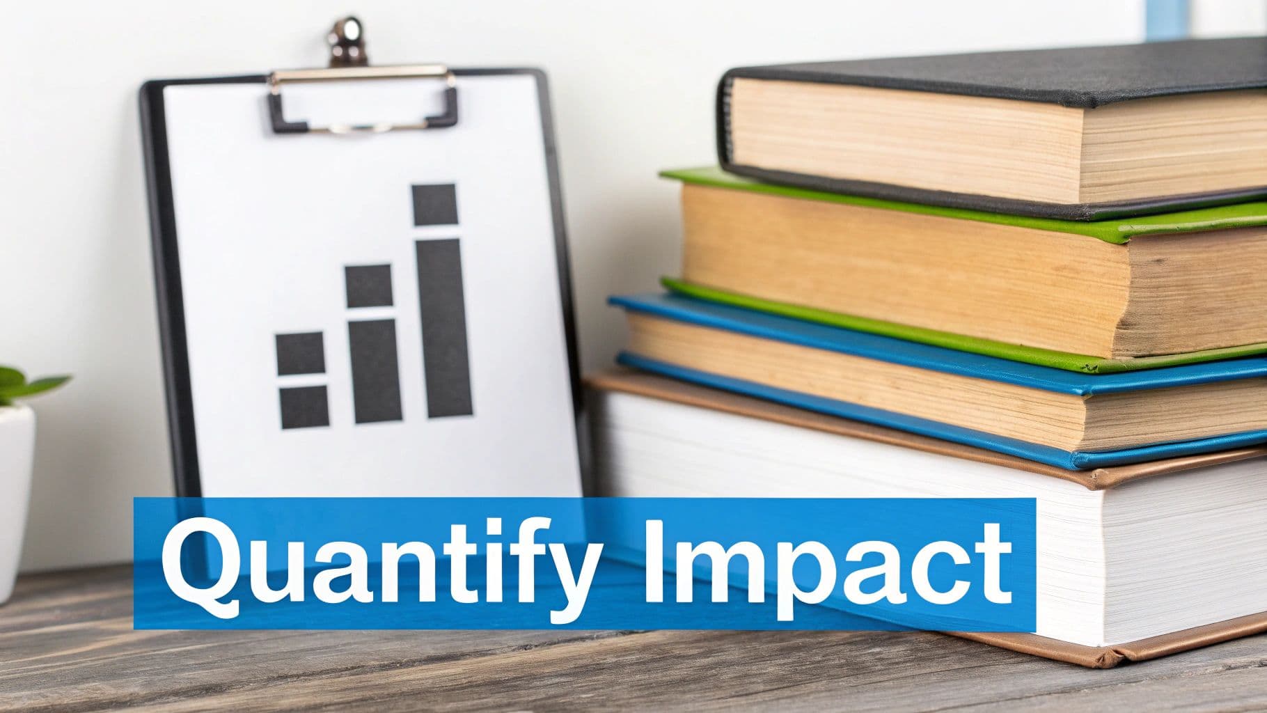 Professional clipboard displaying a bar graph report, positioned next to a stack of books with prominent Quantify Impact text on a wooden desk