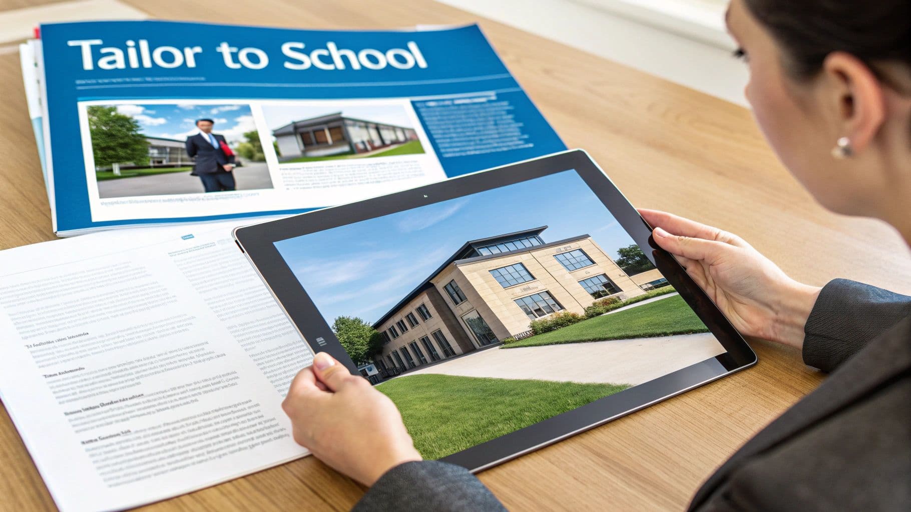 A professional viewing a modern school building on a tablet device, with a Tailor to School magazine positioned nearby on the desk