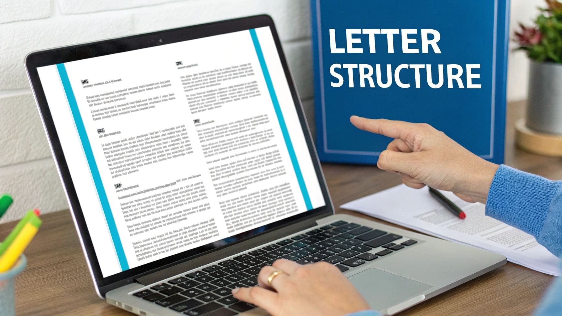 A professional pointing at a blue binder labeled LETTER STRUCTURE on a desk, positioned next to a laptop computer displaying a document