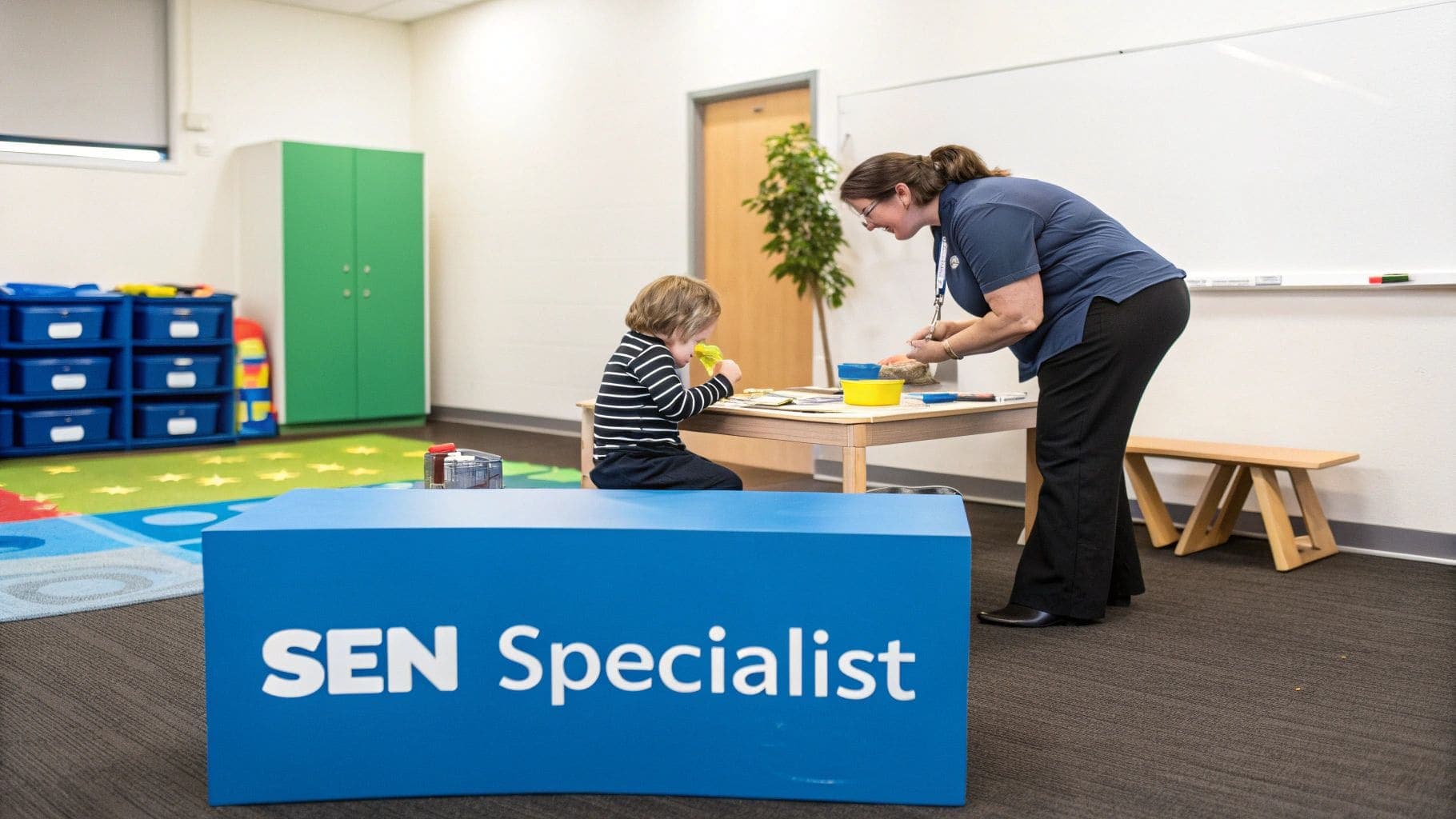 A child in a striped shirt interacts with an SEN specialist at a small table in a classroom