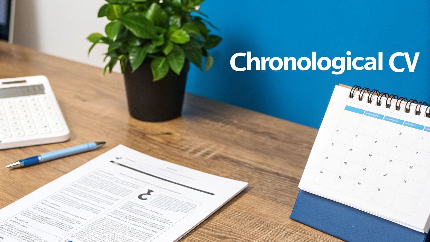 A desk with a plant, calculator, pen, document, and calendar showing chronological CV organization