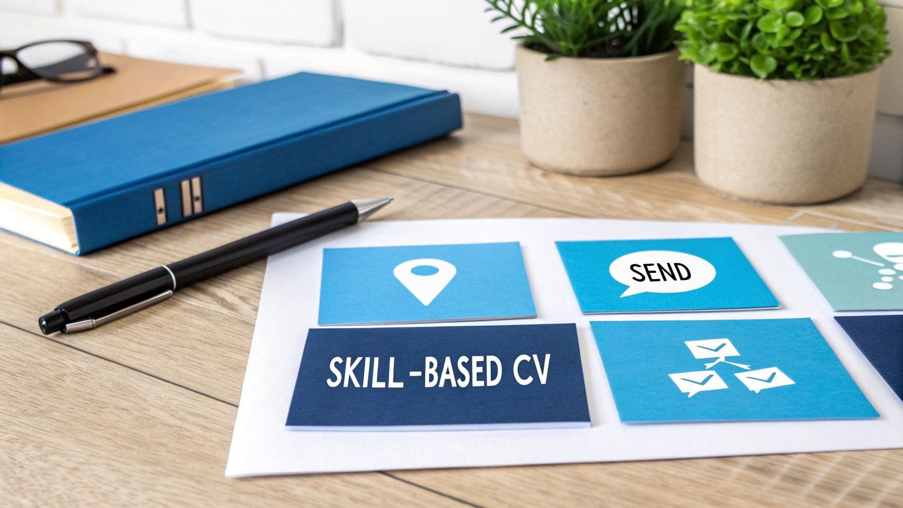 A desk with a pen, potted plants, and cards showing skill-based CV preparation and job application materials