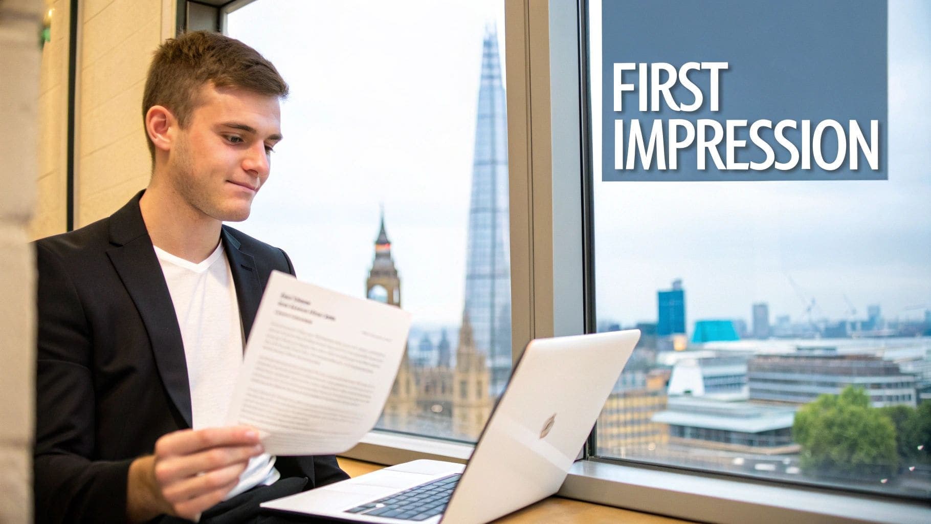 A young professional in a suit jacket reviews a document with a laptop and city skyline in the background