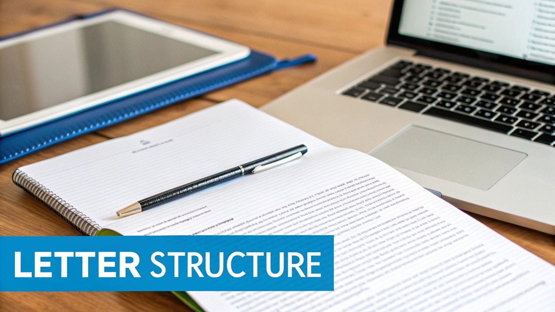 A professional desk setup with a laptop, tablet, open notebook with a pen, and 'LETTER STRUCTURE' text overlay