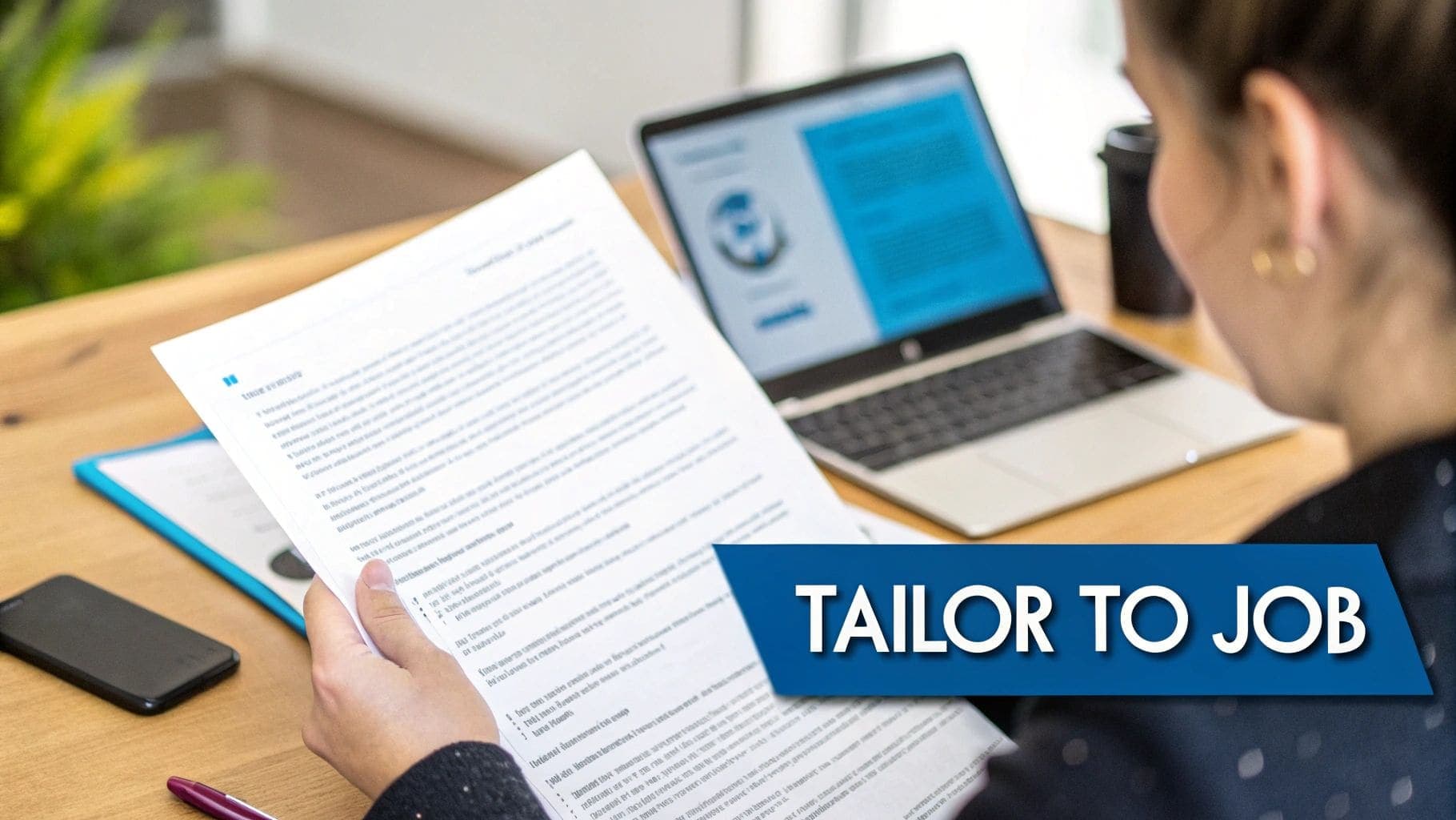 Person working on tailoring a cover letter on a laptop with 'TAILOR TO JOB' text overlay