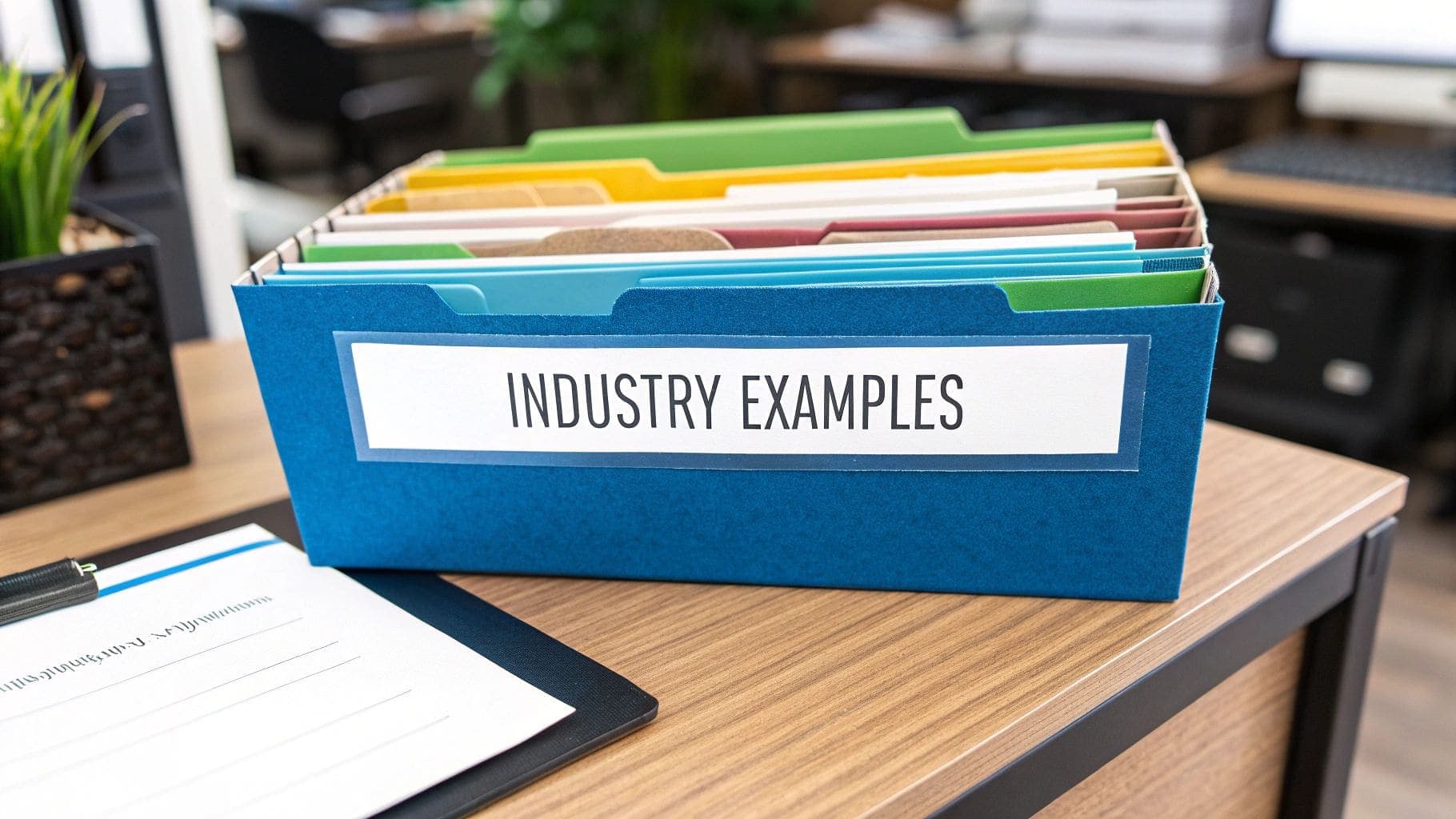 A blue file box labeled 'Industry Examples' containing colorful file folders on an office desk