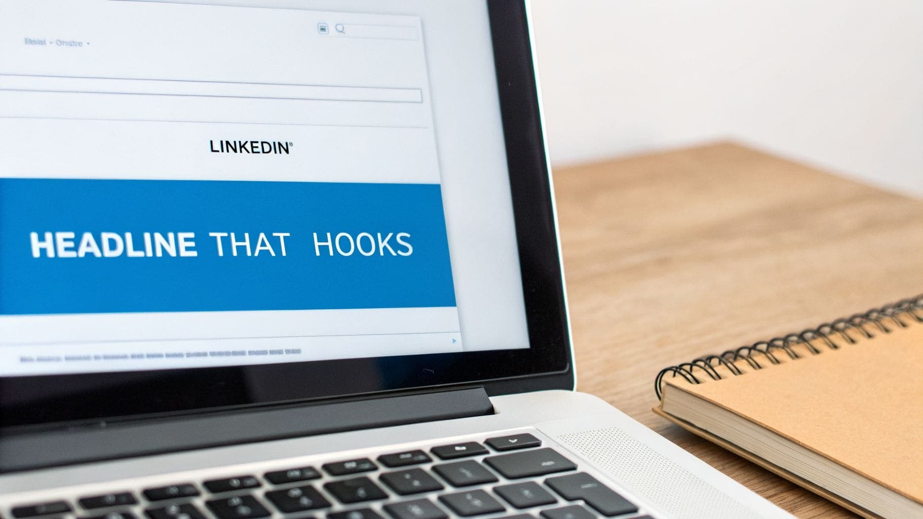 Close-up of a laptop displaying a LinkedIn page with professional profile information on a wooden desk