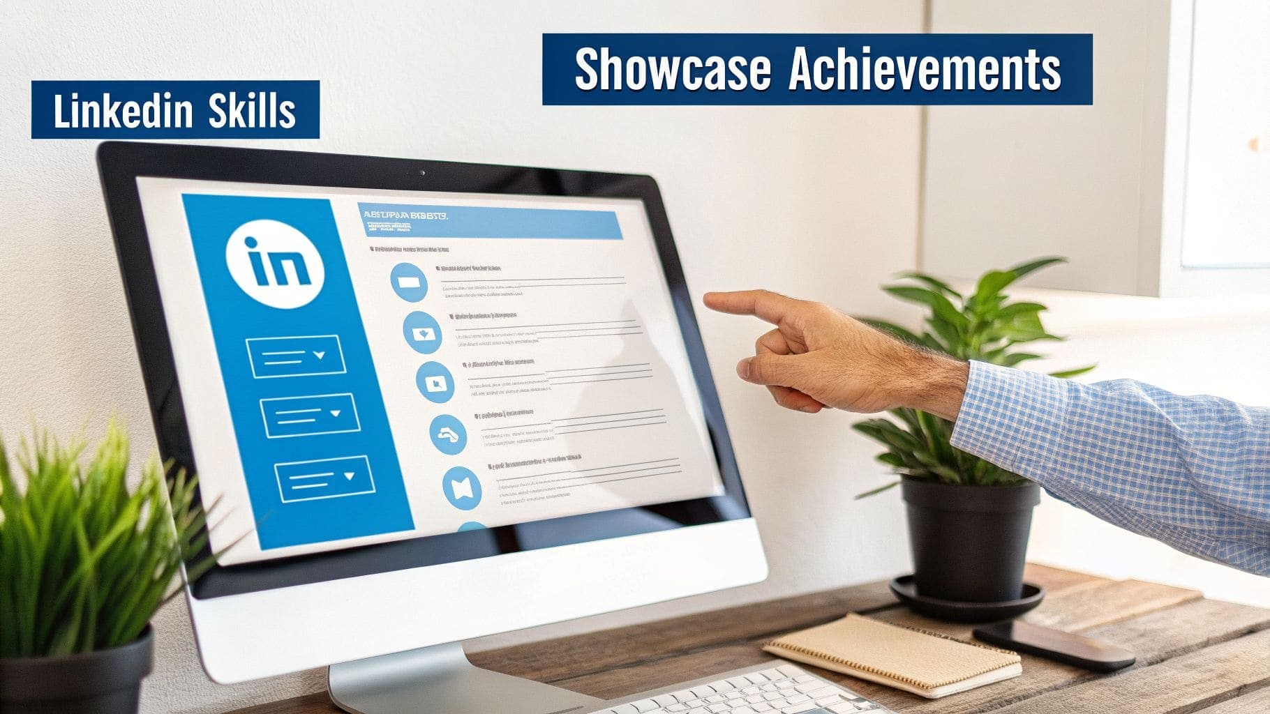 A hand points at a computer screen showing a LinkedIn profile with skills and achievements highlighted