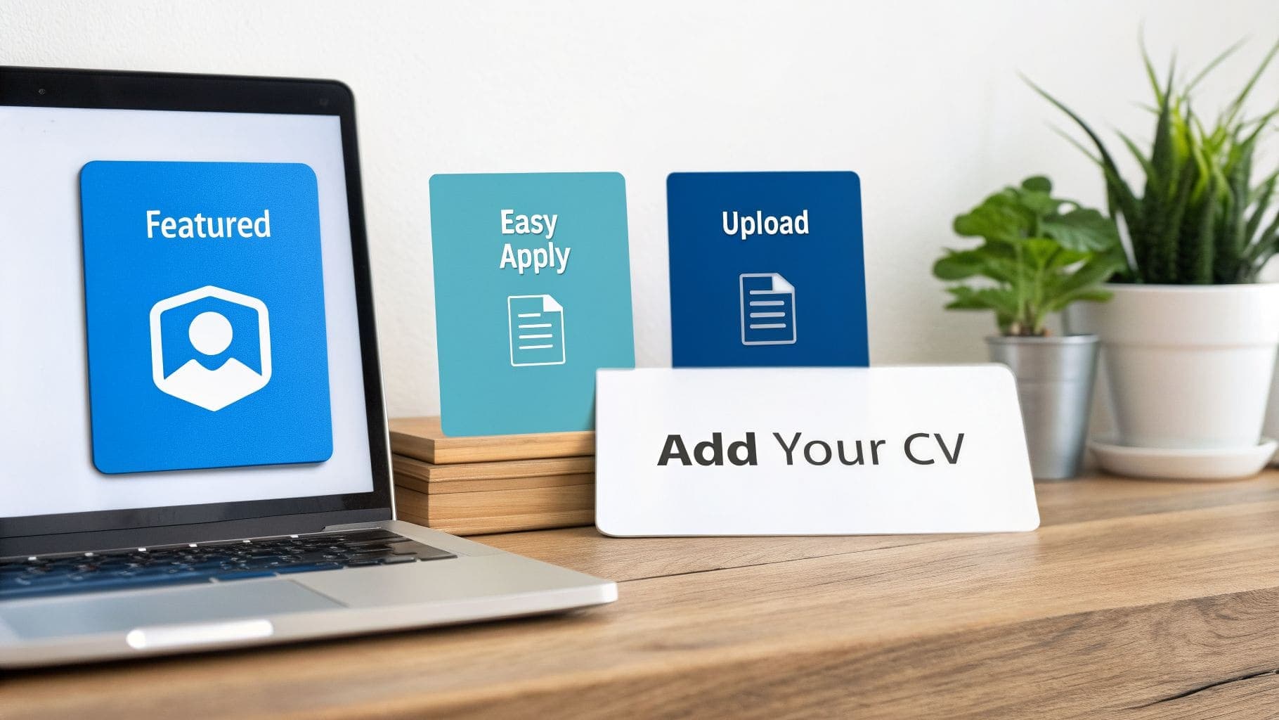 A desk setup with a laptop and cards showing Featured section, Easy Apply button, and CV upload options