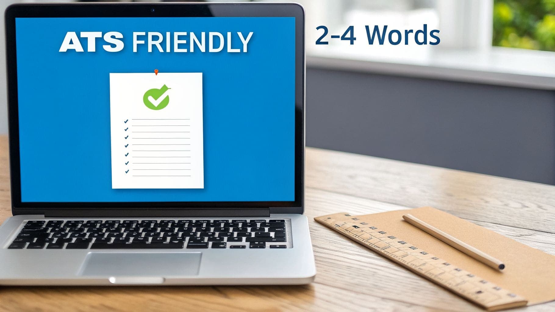 A laptop displaying ATS FRIENDLY text and a checklist, demonstrating applicant tracking system compatibility