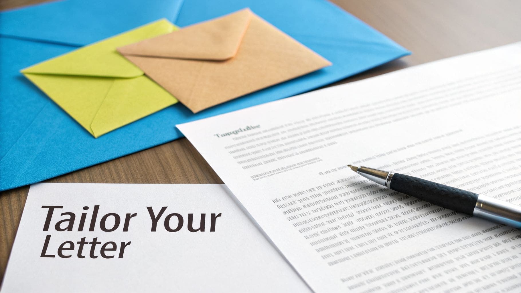 Desk scene with colorful envelopes, a pen, and a document emphasizing the importance of tailoring your cover letter