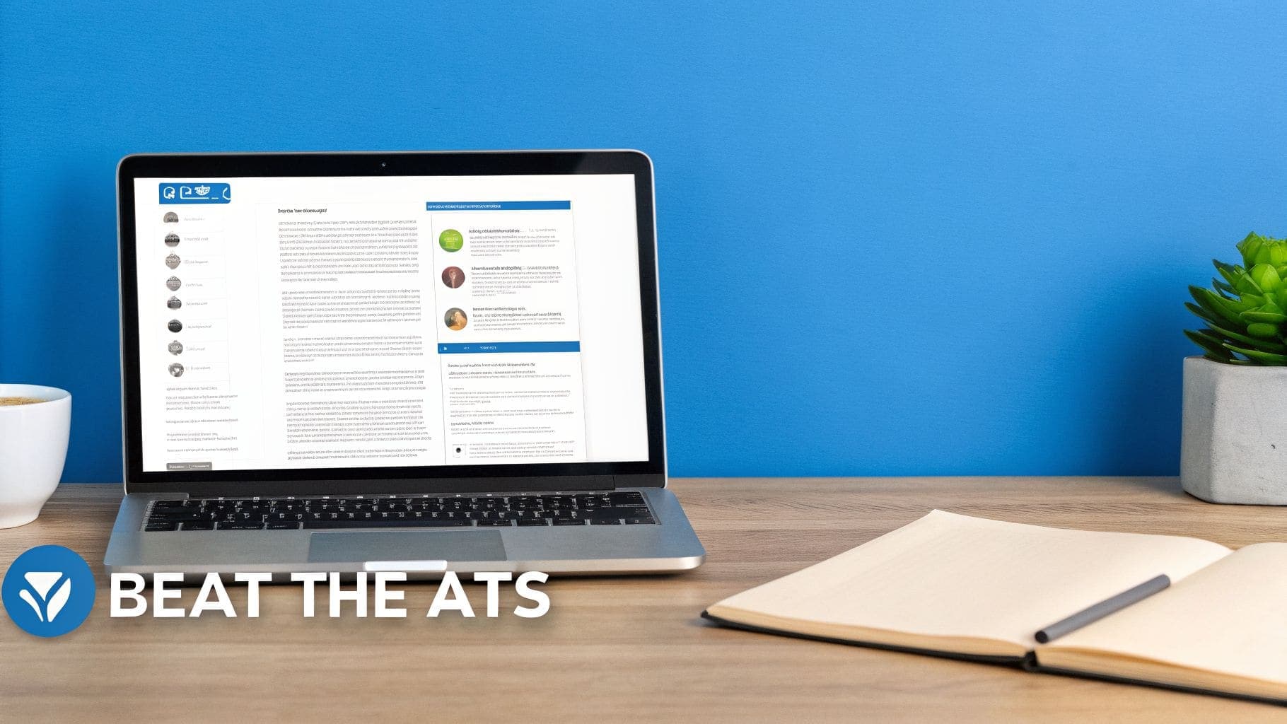 A laptop on a wooden desk displays a website, with coffee cup, notebook, and BEAT THE ATS text overlay