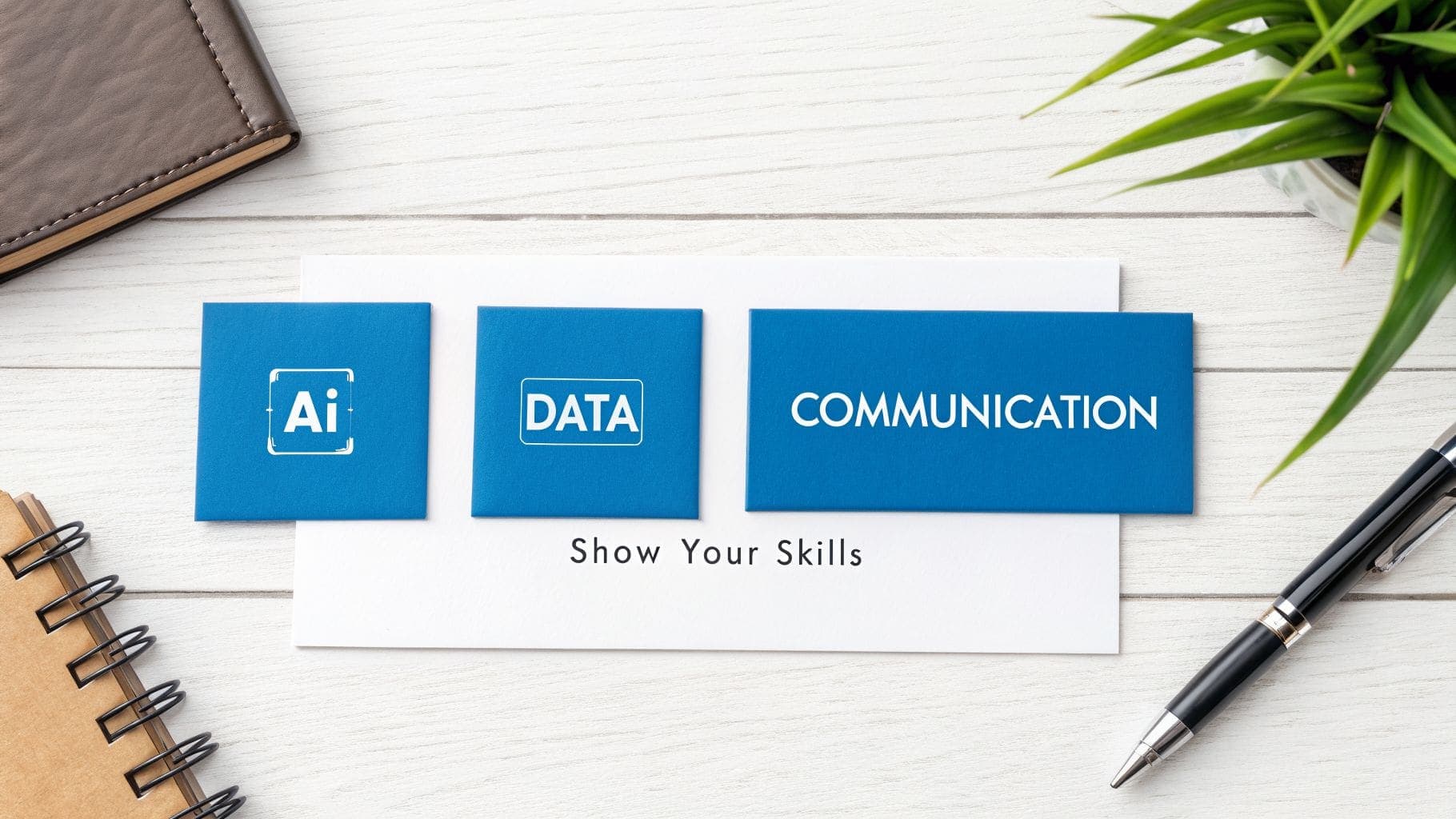 Overhead view of three blue cards displaying AI, DATA, and COMMUNICATION skills for career development