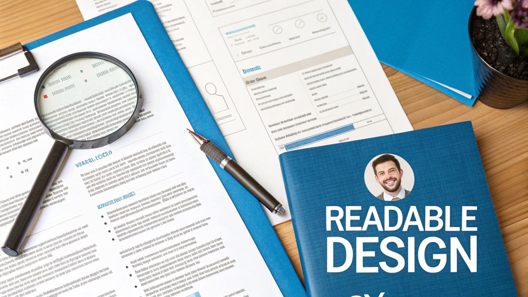 A desk with resumes, a magnifying glass, and a blue book on Readable Design for CV optimization