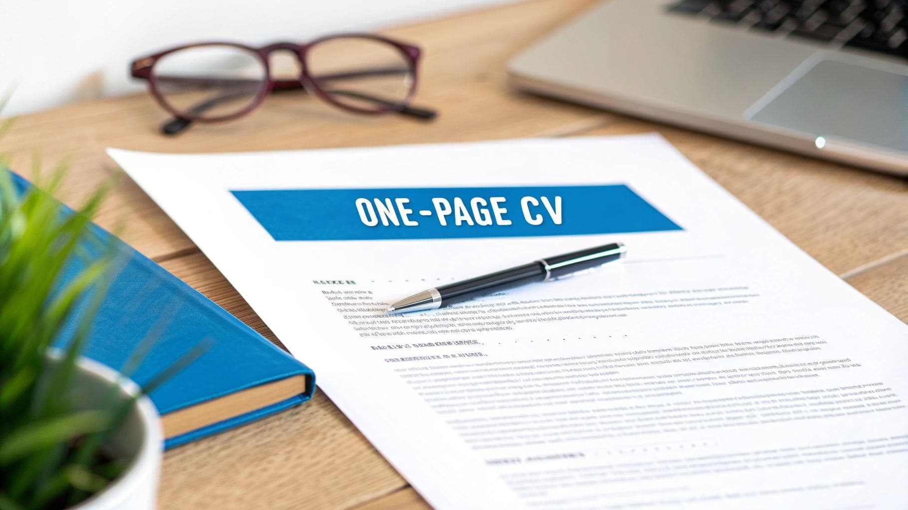 A close-up of a ONE-PAGE CV document with a pen, glasses, and laptop on a wooden desk