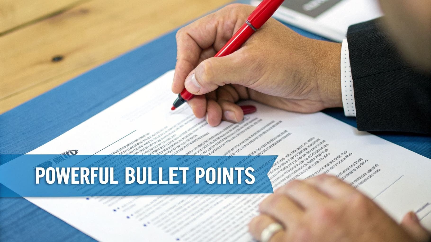 A hand holding a red pen writes on a document with the text Powerful Bullet Points overlay