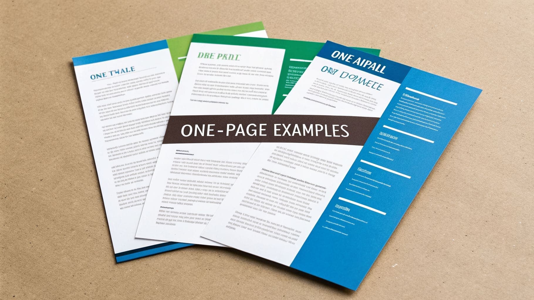A close-up view of several colorful one-page document examples displayed on a textured background