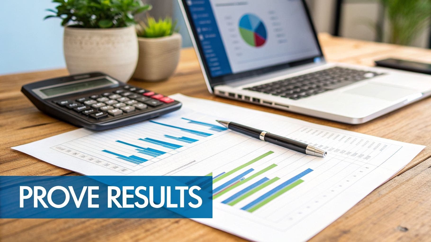Desk with calculator, laptop displaying financial charts, pen, and graphs on paper with PROVE RESULTS text