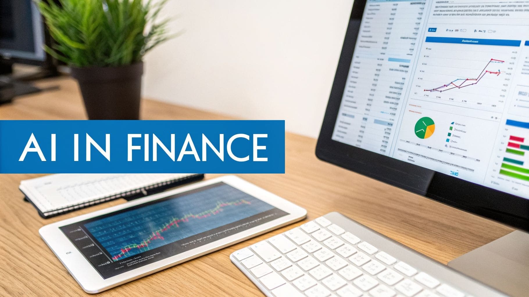 Desk with monitor displaying financial charts, tablet, and keyboard with AI IN FINANCE banner