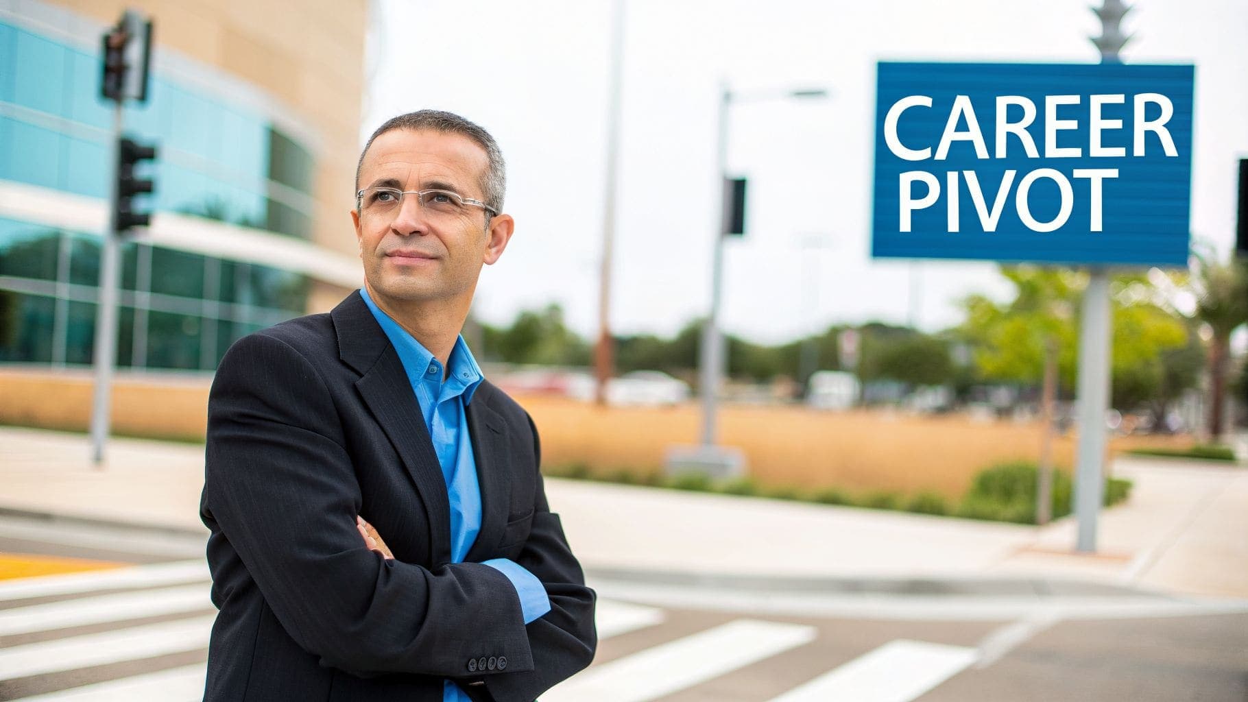 Man in suit and glasses standing outdoors with crossed arms looking up at a CAREER PIVOT sign