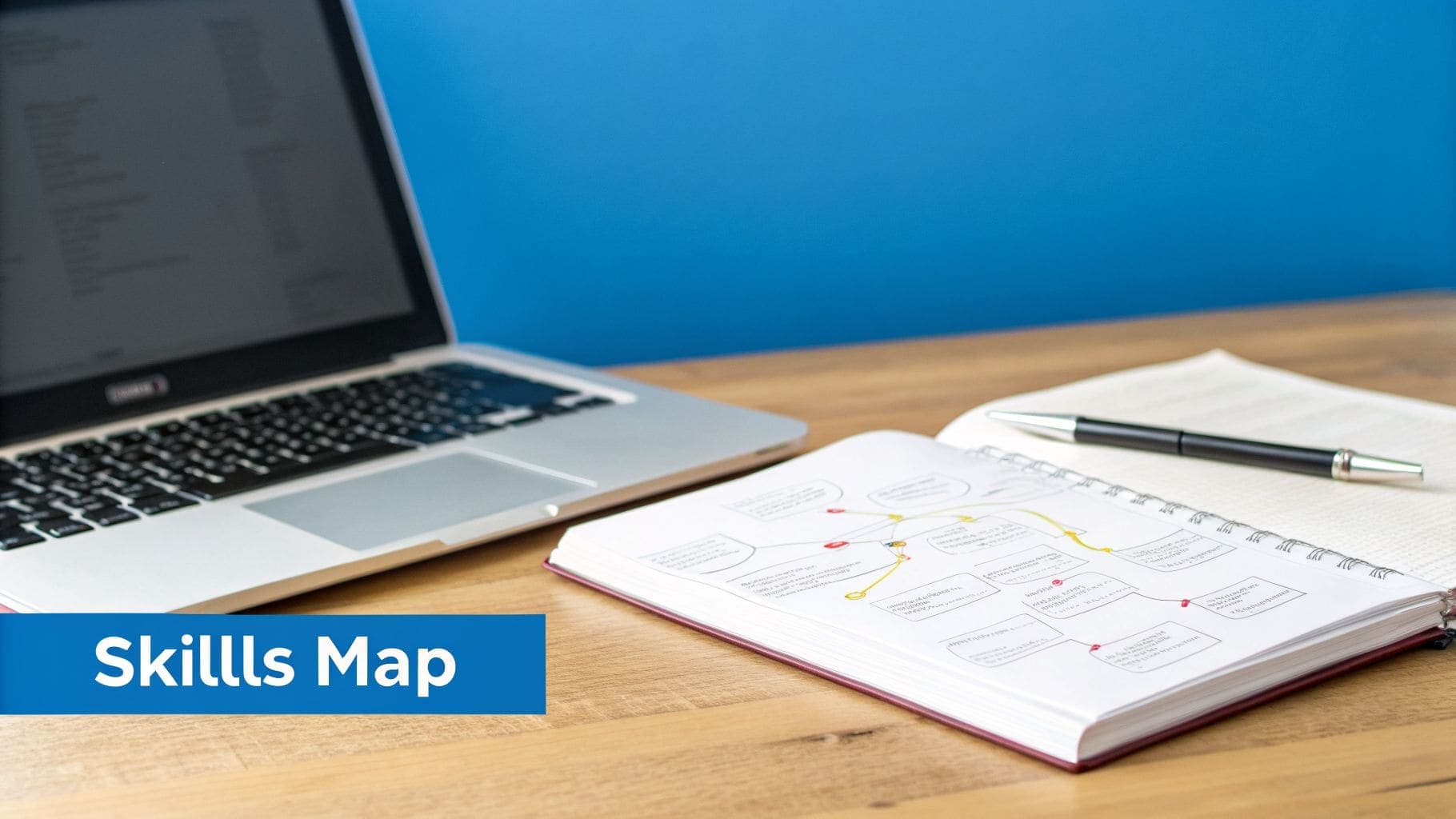 Laptop, open notebook with skills map diagram, and pen on wooden desk