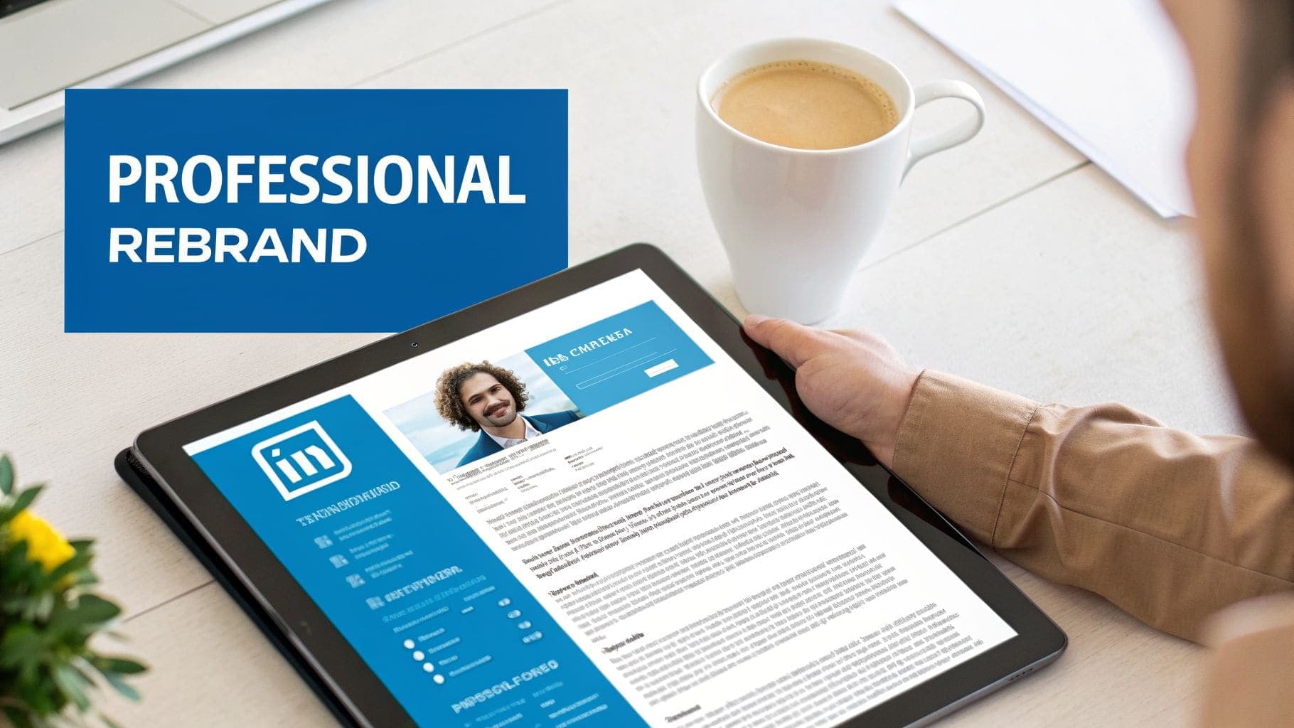 Person holding tablet displaying professional LinkedIn profile with PROFESSIONAL REBRAND text overlay