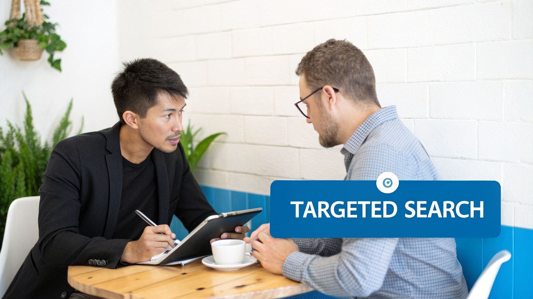 Two men collaborating at cafe table with one taking notes and TARGETED SEARCH banner overlay