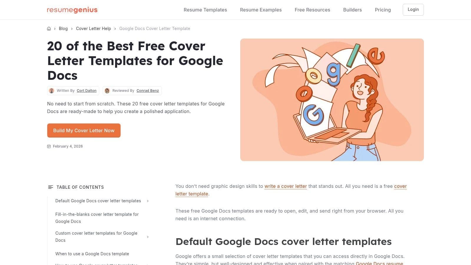 ResumeGenius interface showing multiple Google Docs cover letter template options with professional layouts and easy access buttons