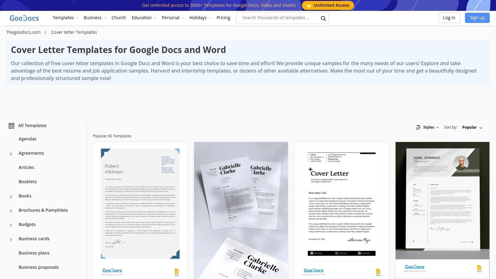 TheGoodocs gallery displaying modern cover letter template designs with coordinated resume sets and one-click editing