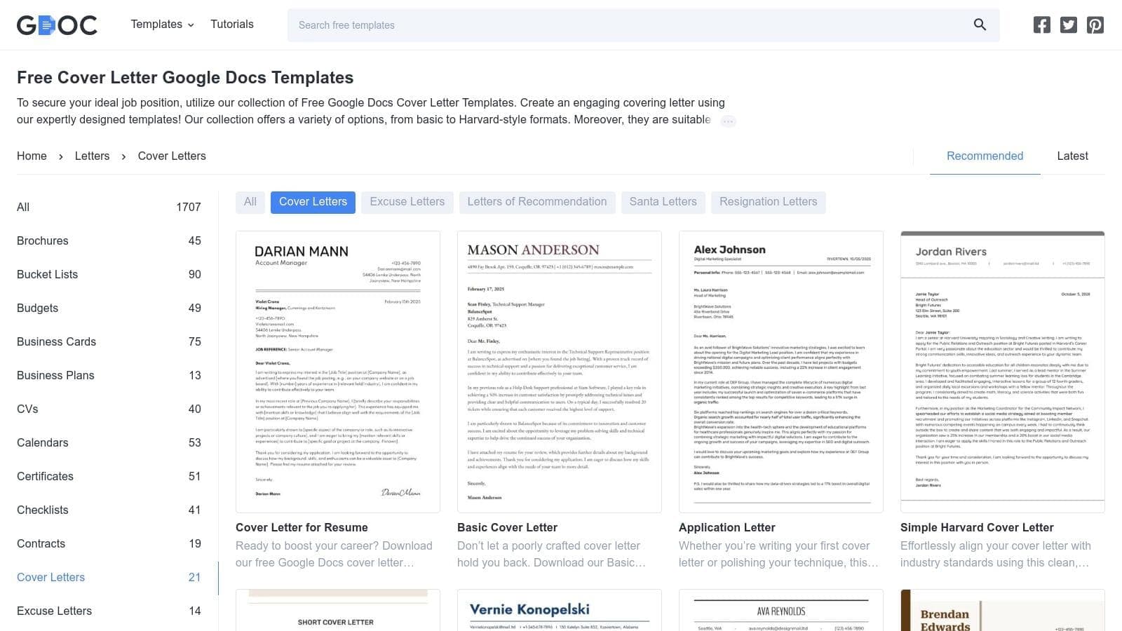 gdoc.io template gallery showing clean minimalist cover letter templates organized by professional role