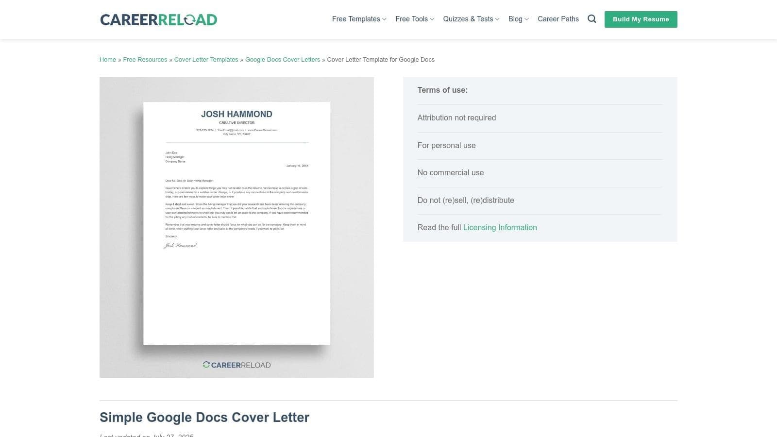 Career Reload simple cover letter template featuring clean layout with proper margins and standard fonts