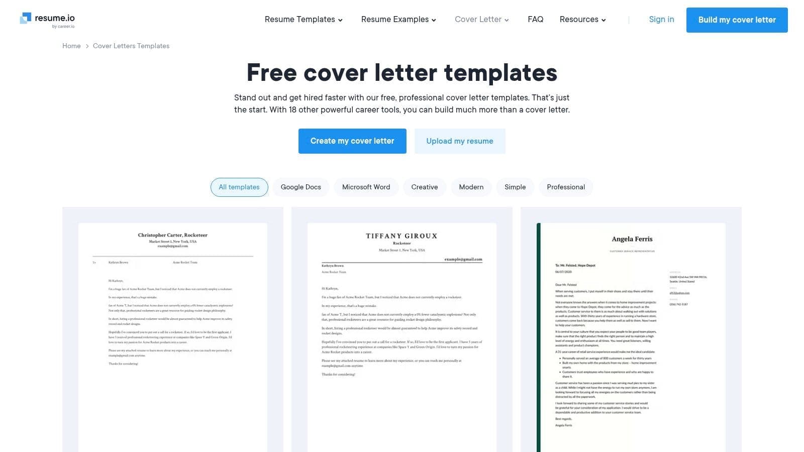 Resume.io builder interface showing premium cover letter templates with AI writing assistance and matching resume designs