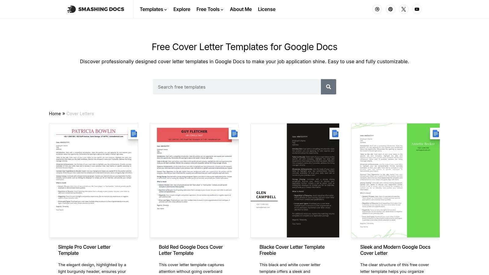 SmashingDocs collection featuring modern cover letter templates with color-accented headers and professional layouts