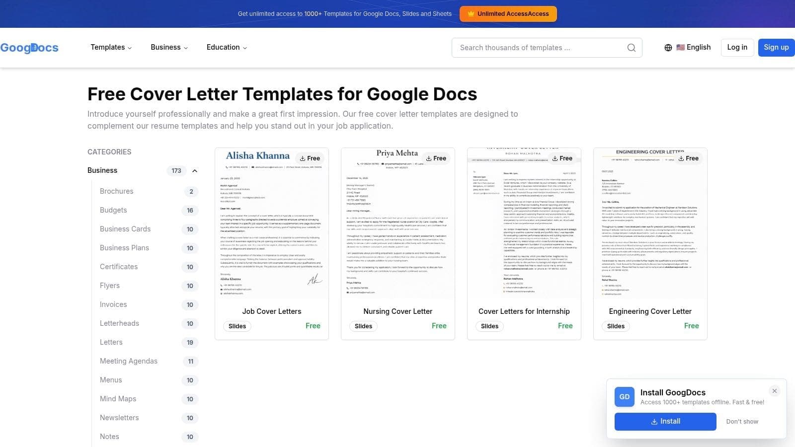 GoogDocs.com gallery showing matched resume and cover letter template pairs designed for Google Docs