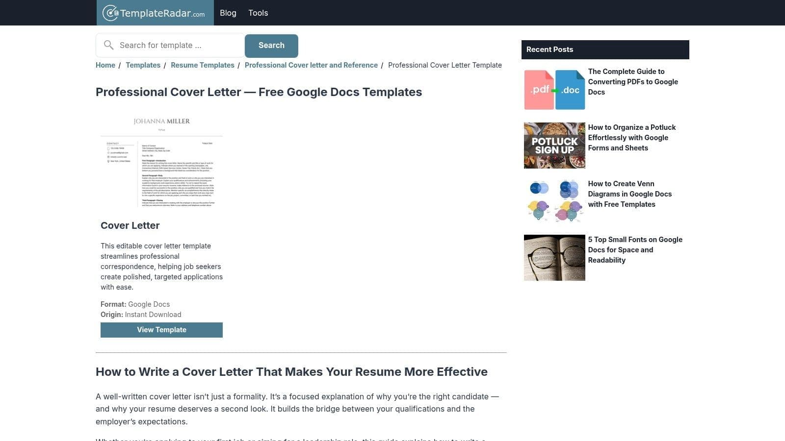 TemplateRadar professional cover letter template with clean header and integrated writing guidance