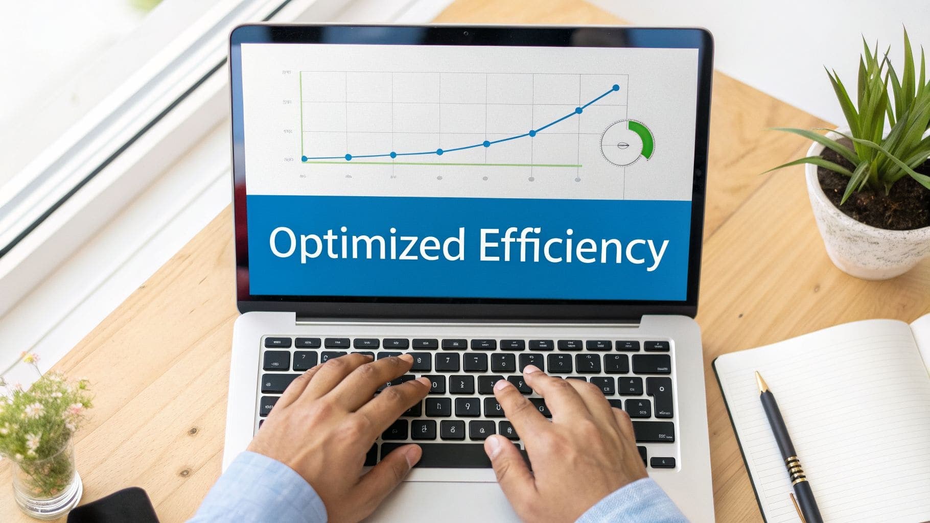 Person typing on laptop displaying growth graph and Optimized Efficiency text on desk
