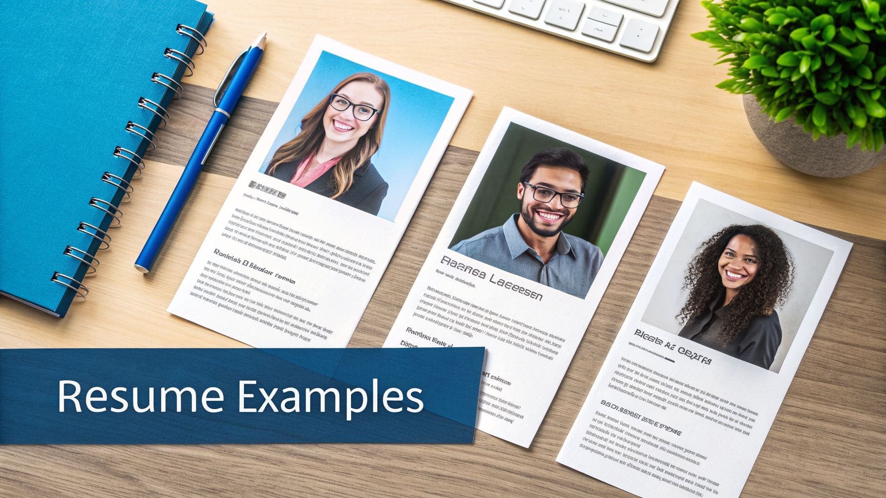 Professional resume examples with photos on wooden desk alongside notebook, pen, and plant