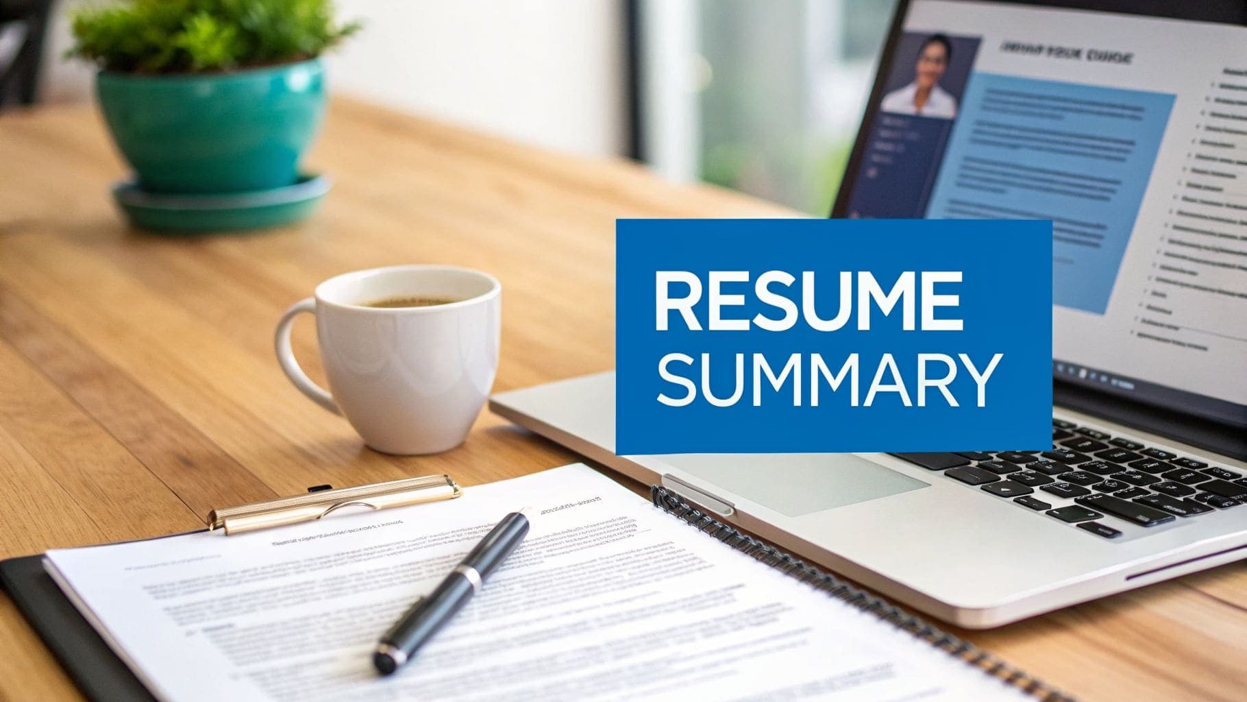 Desk setup with laptop showing resume and blue RESUME SUMMARY overlay, alongside document, pen, and coffee cup