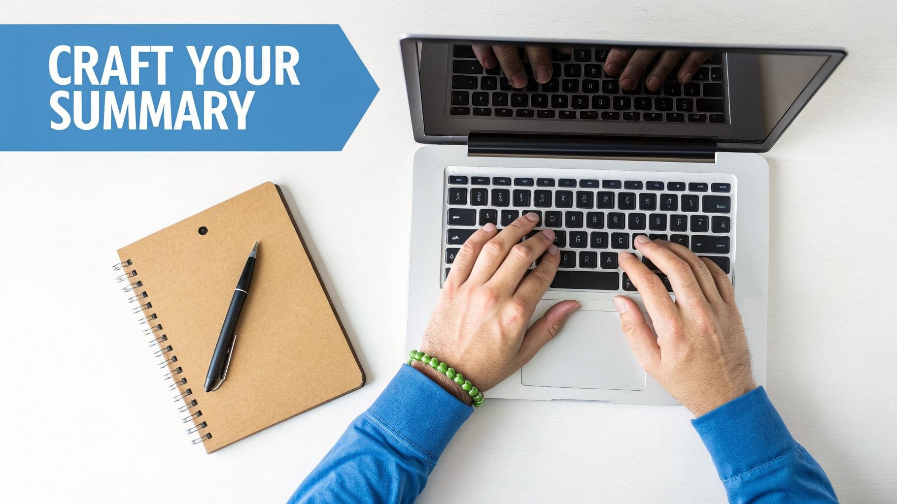 Overhead view of person typing on laptop with notebook and pen, text says CRAFT YOUR SUMMARY