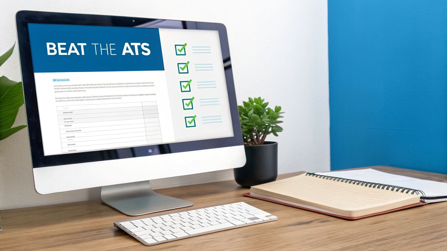 Computer screen displaying Beat the ATS guide with checklist for job applications