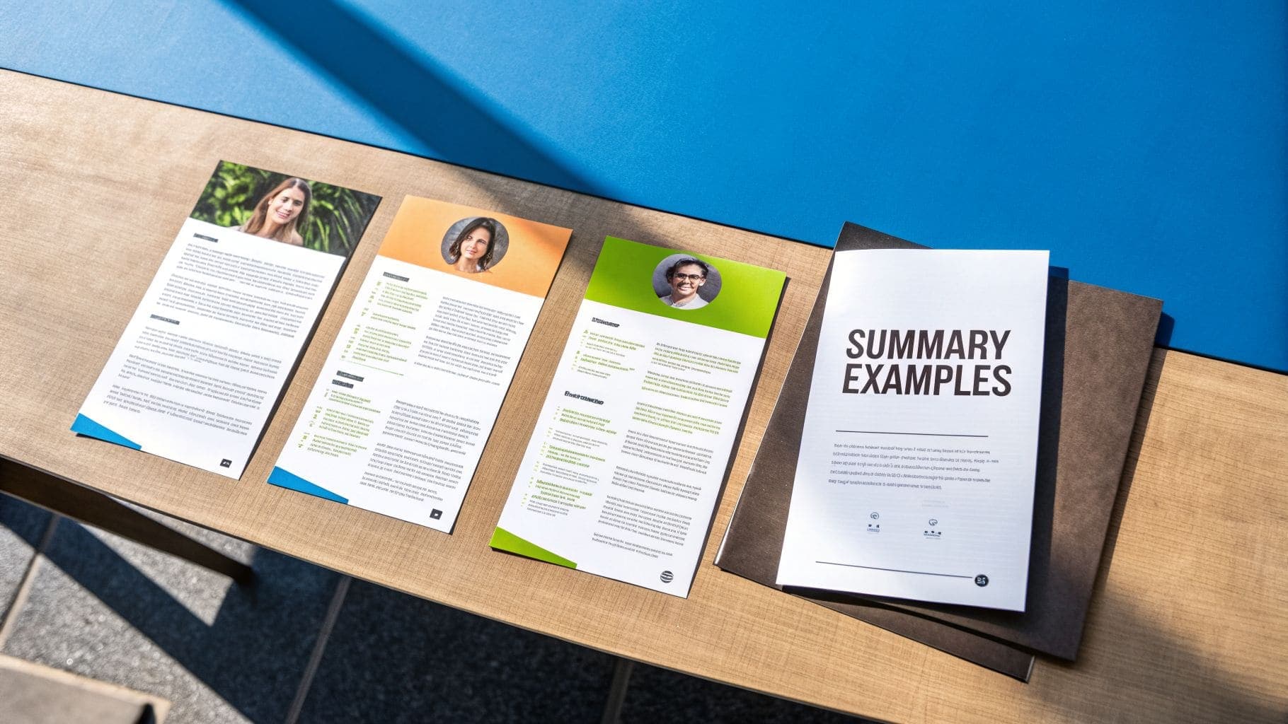 Multiple resume examples and SUMMARY EXAMPLES booklet displayed on wooden table
